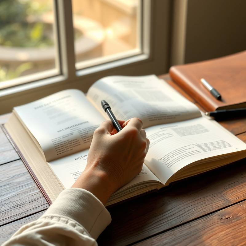 Manos escribiendo en un cuaderno en una mesa de estudio con un libro de español abierto. Curso de Español A1.