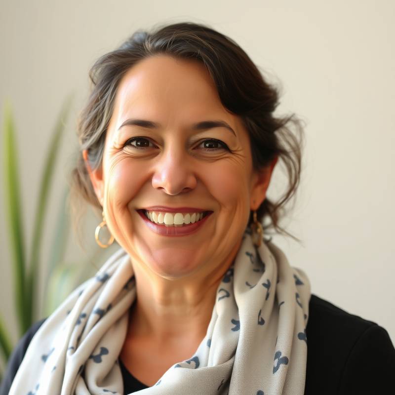 Retrato de Elena Ramírez, fundadora y directora de Academia Cervantes, sonriendo amigablemente.