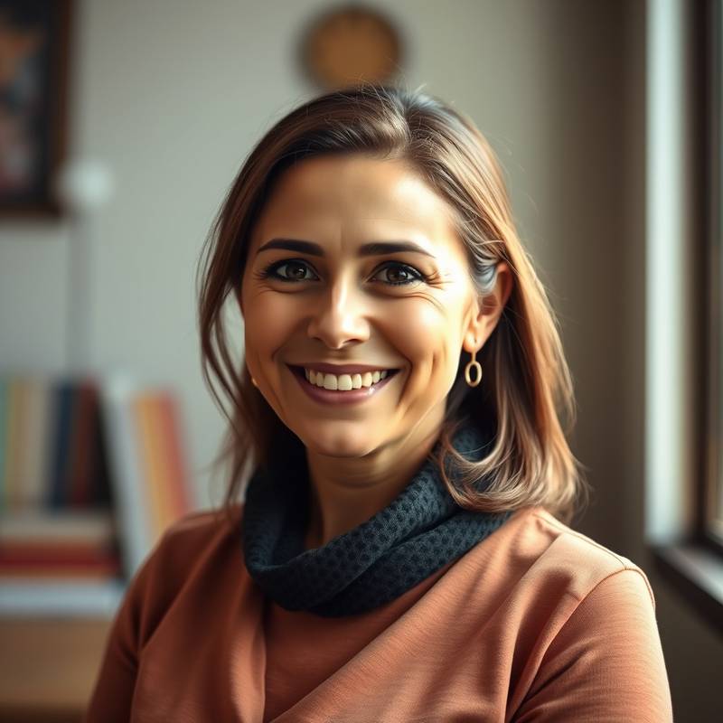 Retrato de Isabel Fernández, profesora de español, sonriendo cálidamente y mirando a la cámara.