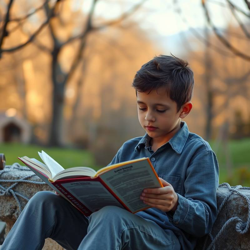 Un estudiante leyendo un libro de literatura española en un entorno tranquilo. Curso de Español C2.