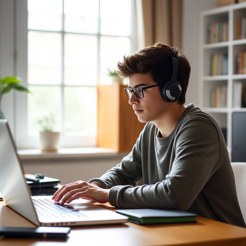 Un estudiante sentado en una mesa con un ordenador portátil, estudiando español online. Curso de Español A2.