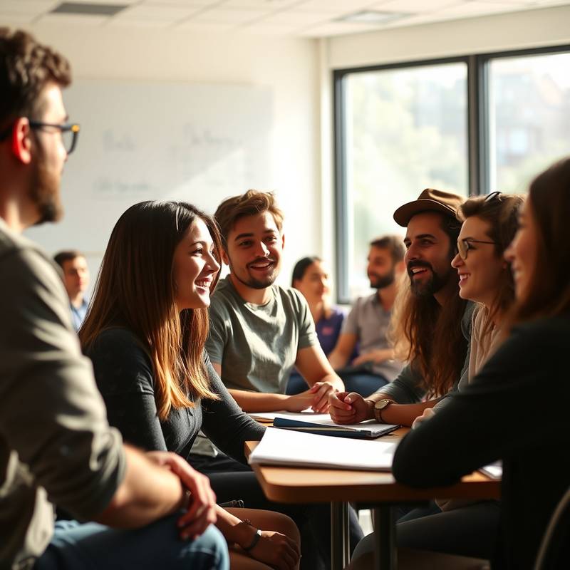 Un grupo de estudiantes conversando animadamente en español. Curso avanzado.