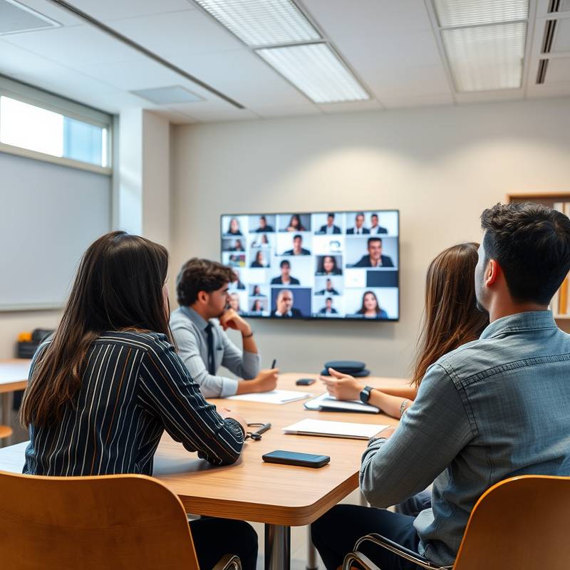 Un grupo de estudiantes participando en una conversación en español durante una clase online. Curso de Español B1.