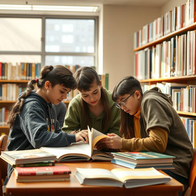 Un grupo de estudiantes trabajando juntos en un proyecto en una biblioteca con libros de español. Curso de Español B2.
