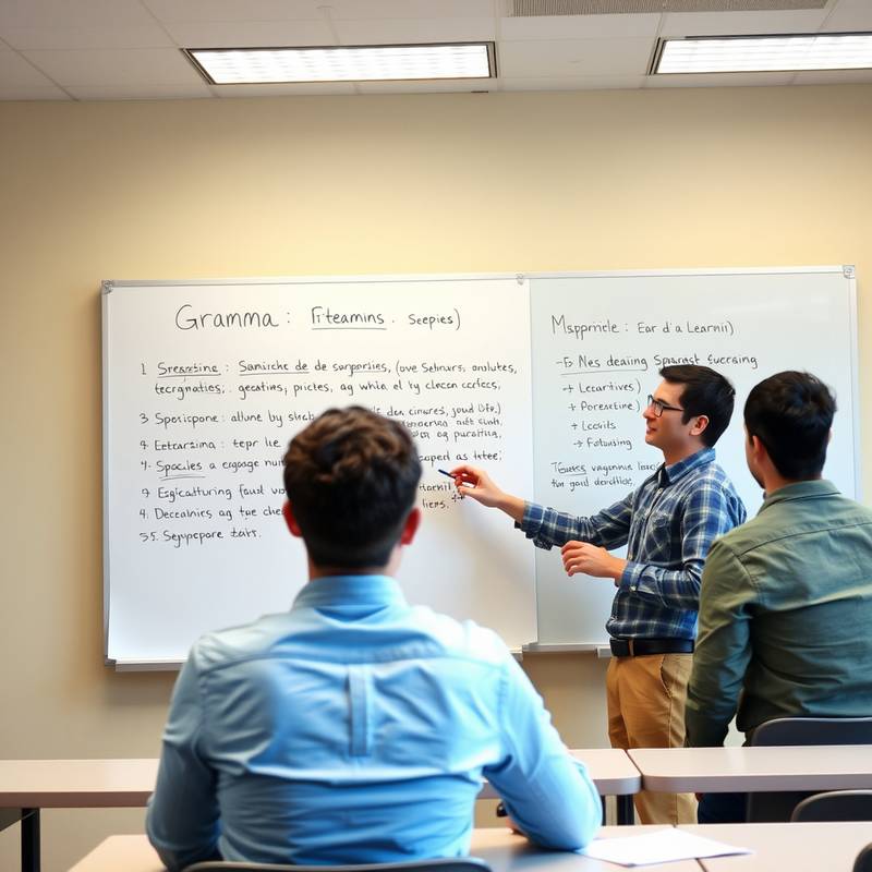 Una profesora de español explicando la gramática en una pizarra. Curso intermedio.